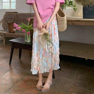 High-waist Floral Accordion Pleat Midi Skirt Blue - One Size