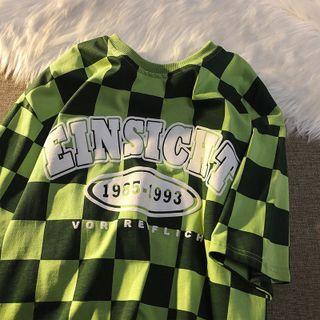 Elbow-sleeve Lettering Checkerboard T-shirt