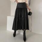 Faux-leather Flared Long Tiered Skirt