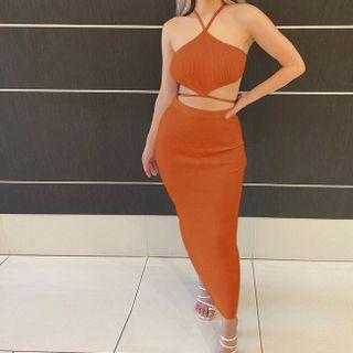 Set: Strappy Tie-waist Crop Top + Midi Fitted Skirt