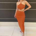 Set: Strappy Tie-waist Crop Top + Midi Fitted Skirt