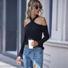 Long Sleeve Off-shoulder Halter T-shirt