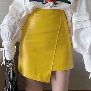 Long-sleeve Printed Blouse / Faux Leather Mini Fitted Skirt