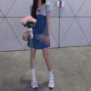 Short-sleeve Ruffle Trim Panel Dress Dress - One Size