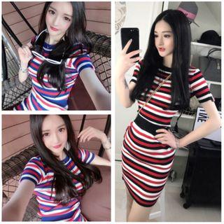 Set: Striped Short-sleeve Knit Top + Skirt