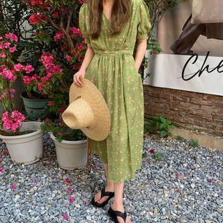 Short-sleeve Floral Print Midi Dress Green Tea - One Size