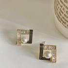 Faux Pearl Rhinestone Square Alloy Earring 1 Pair - Gold & Black - One Size