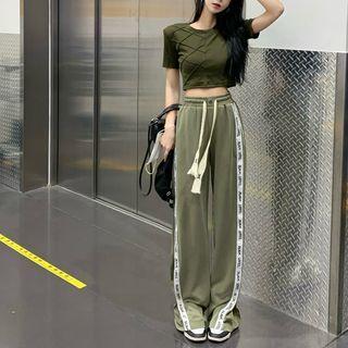 Short-sleeve Crop T-shirt / Lettering Wide Leg Pants