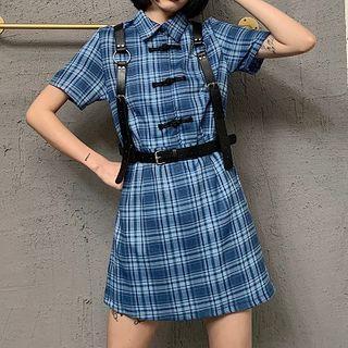 Plaid Short-sleeve Mini Collared Dress / Body Harness