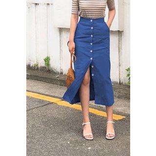 Buttoned Linen Blend H-line Long Skirt