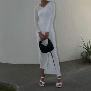 Long-sleeve Crisscross Slit Sheath Midi Dress
