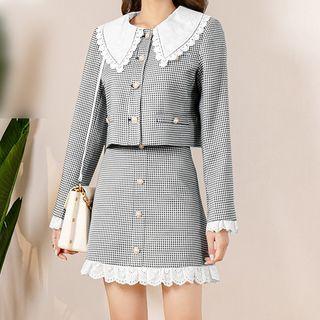 Set: Houndstooth Button-up Jacket + Skirt