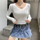 Long-sleeve V-neck Rhinestone Embellished T-shirt