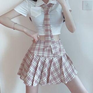 Set: Short-sleeve Cropped Shirt + Plaid Pleated Mini A-line Skirt