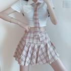 Set: Short-sleeve Cropped Shirt + Plaid Pleated Mini A-line Skirt