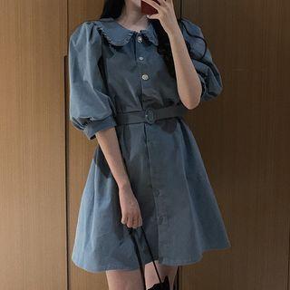 Belted Puff-sleeve A-line Dress