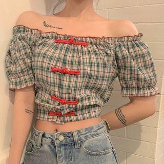 Plaid Off-shoulder Short-sleeve Blouse / Short-sleeve Qipao