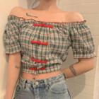 Plaid Off-shoulder Short-sleeve Blouse / Short-sleeve Qipao