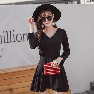 Long-sleeved Tie-waist Strappy V-neck Plain Dress