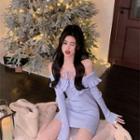 Long-sleeve Off-shoulder Frill Trim Knit Mini Sheath Dress Purple - One Size