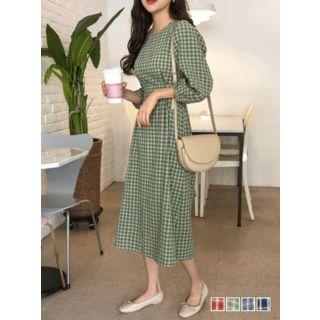 Puff-sleeve Tie-waist Plaid Midi Dress