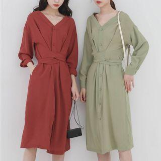 Tie-waist Long-sleeve Midi Shift Dress