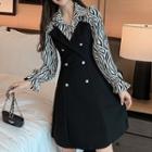 Mock Two-piece Long-sleeve Zebra Print A-line Shirtdress