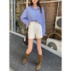 Long-sleeve Striped Shirt / High-waist Shorts