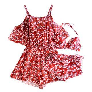 Set: Halter Leaf Print Bikini + Cover-up Playsuit