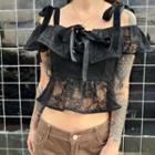Tie-strap Off-shoulder Lace-up Ruffled Crop Top