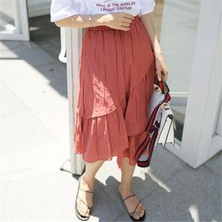 Asymmetric-ruffle Crinkled Midi A-line Skirt