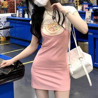 Bear Print T-shirt / Mini Bodycon Overall Dress