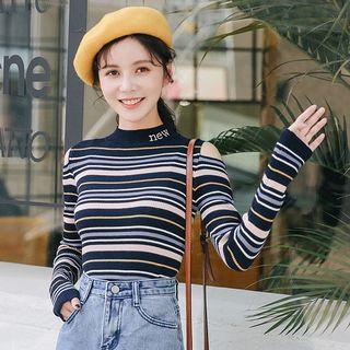 Cutout-shoulder Embroidered Striped Knit Top