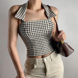 Halter-neck Houndstooth Open Back Crop Top