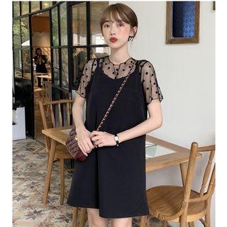 Short-sleeve Dotted Mesh Top / Spaghetti-strap Dress