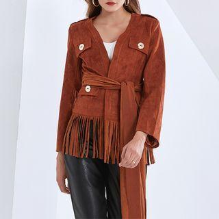 Fringed Tie-strap Jacket Brown - S