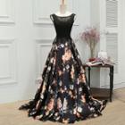 Sleeveless Embroidered Floral Print A-line Evening Gown