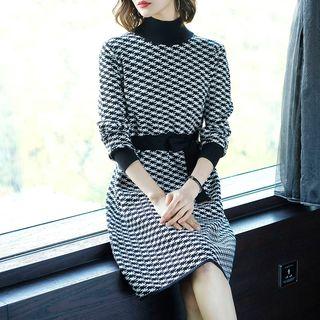 Houndstooth Long-sleeve Midi A-line Knit Dress