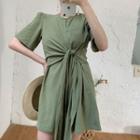 Short-sleeve Sashed Mini Dress Green - One Size