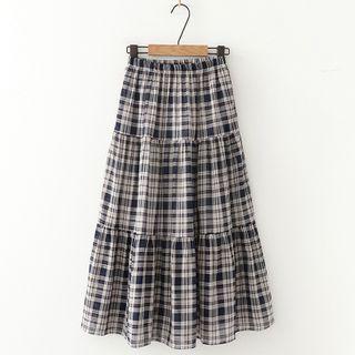 Band-waist Plaid Tiered Midi A-line Skirt