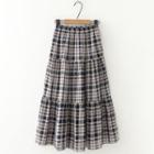 Band-waist Plaid Tiered Midi A-line Skirt