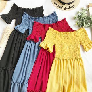 Off-shoulder Shirred Short-sleeve Midi Dress