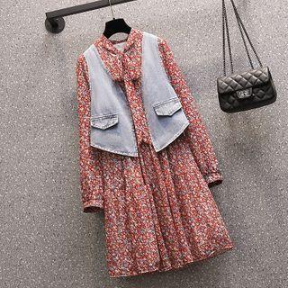 Long-sleeve Flower Print Mini A-line Dress / Open Front Denim Vest / Set