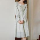 Lace-up Lace Panel Bell-sleeve Midi A-line Dress