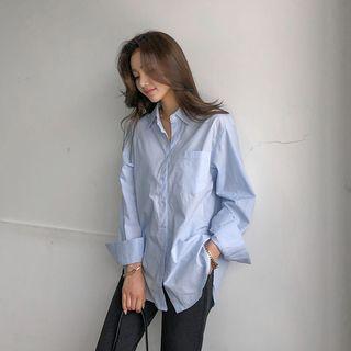 Pocket-front Round-hem Long Shirt