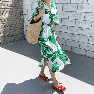 Wrap-front Long Foliage Dress Ivory - One Size