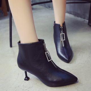 Faux Leather Kitten-heel Pointed Short Boots