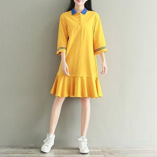 Contrast Collar 3/4-sleeve Polo Dress
