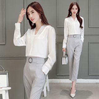 Set: V-neck Chiffon Blouse + High-waist Pants