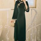Long-sleeve Frog Button Midi Sheath Velvet Dress